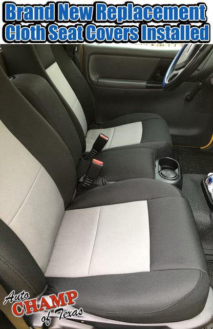 Ford Ranger interior with brand new black & gray cloth seat covers installed.