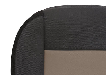 Close-up of Ford Ranger black & tan cloth seat cover.