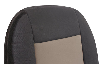 Ford Ranger black & tan cloth passenger seat cover close-up.