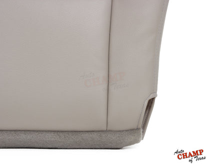 Close-up view of the bottom section of the 2005-2006 Toyota Tundra Limited SR5 Driver Side Bottom Replacement Leather Seat Cover in Tan, showing the leather texture and stitching.