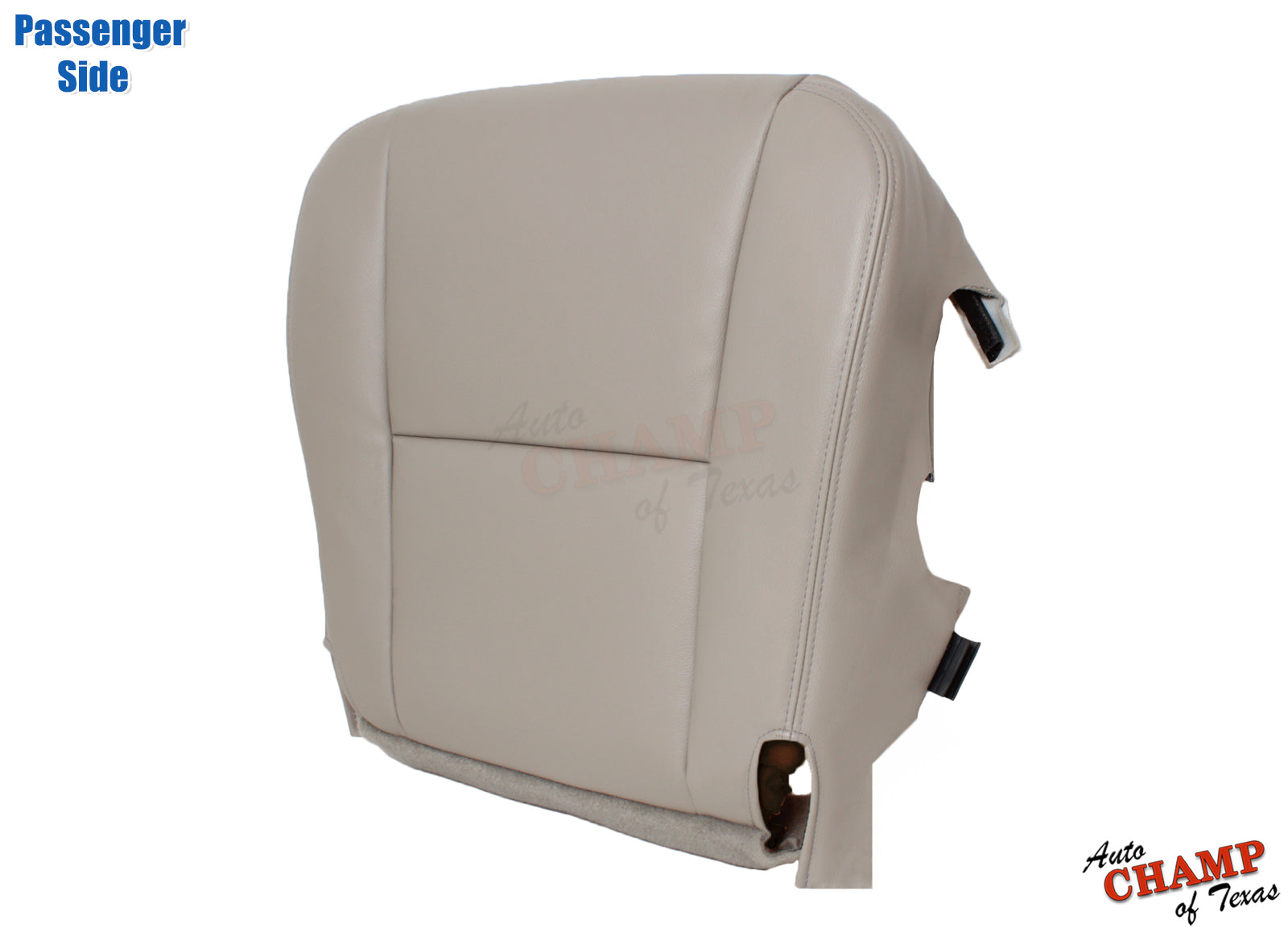 Passenger side view of the 2005-2006 Toyota Tundra Limited SR5 Bottom Replacement Leather Seat Cover in Tan, showing the back view with visible fabric and securing straps.