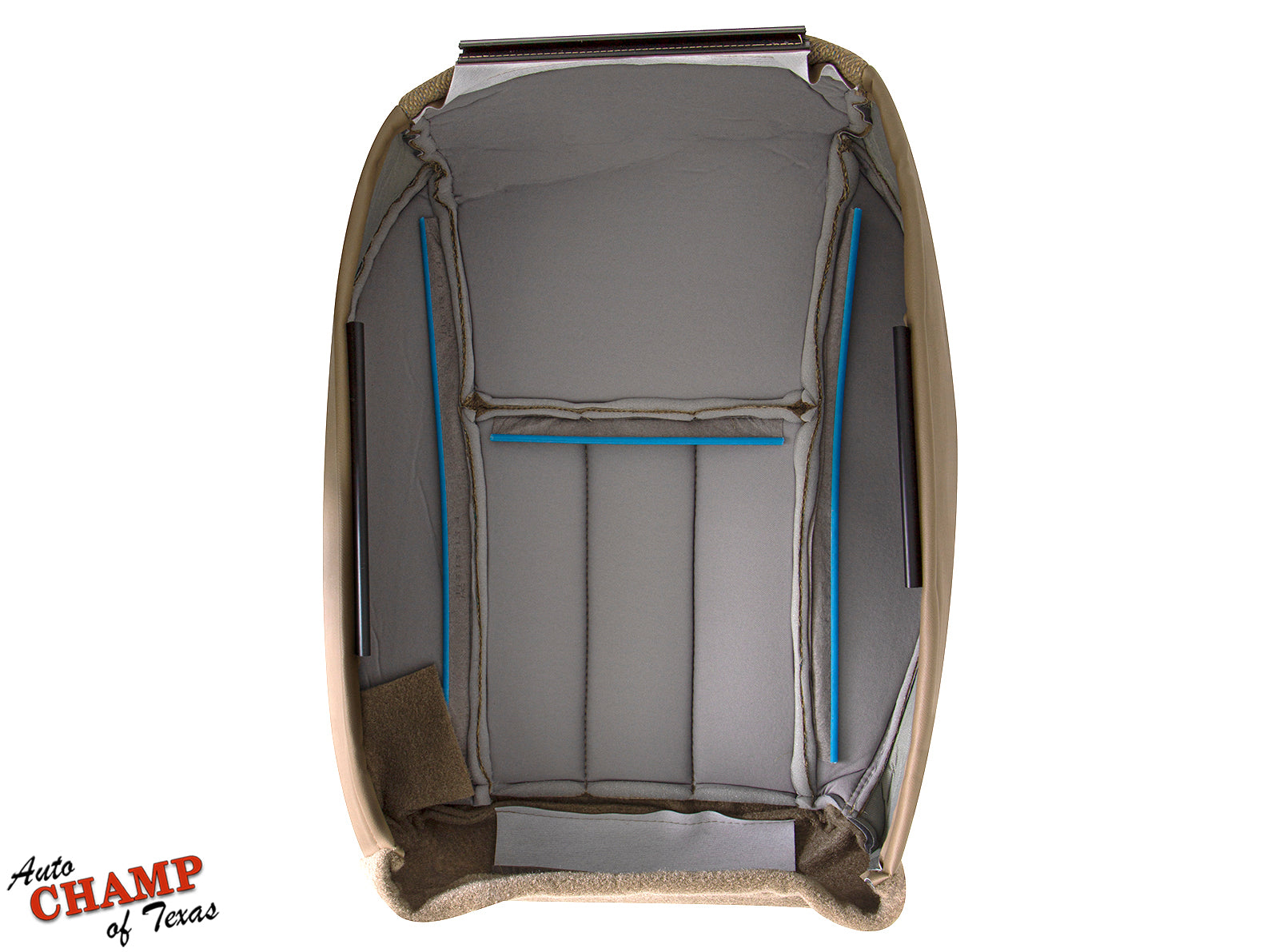 View of driver side bottom replacement cloth seat cover for 1999-2001 Jeep Cherokee Classic tan camel