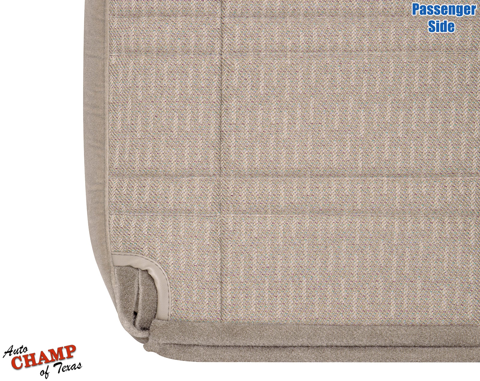 close-up of passenger side bottom replacement cloth seat cover tan camel for 1999-2001 jeep cherokee sport se