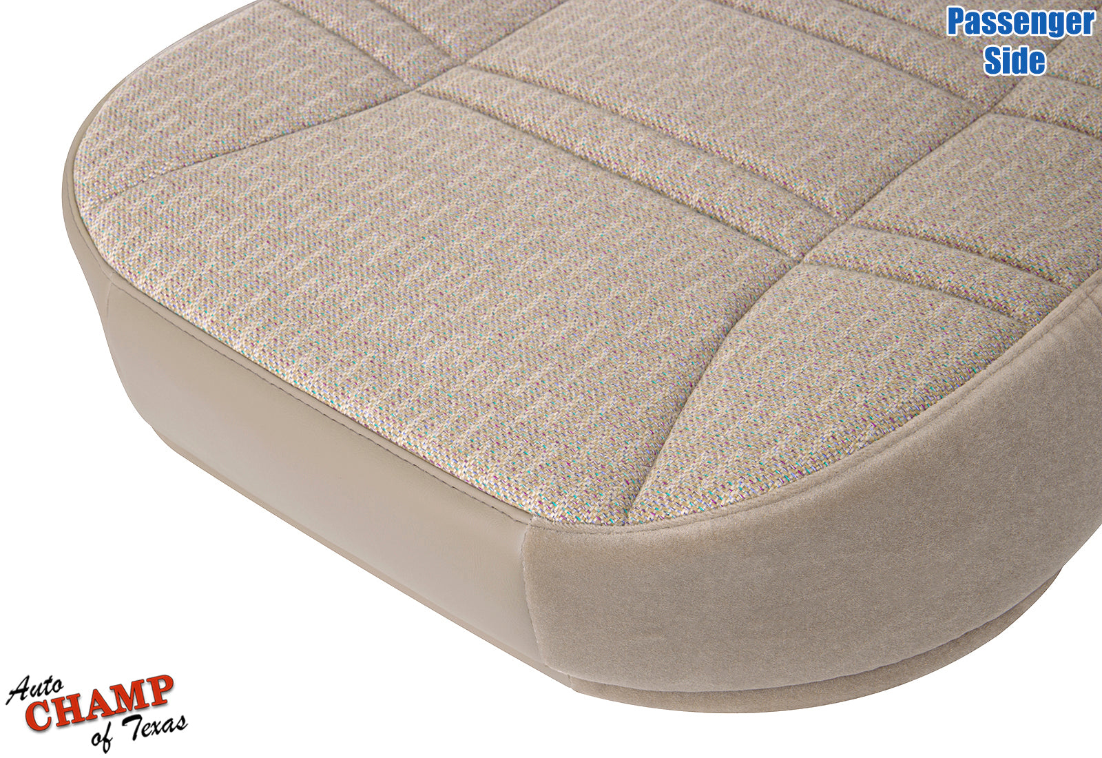 angled view of passenger side bottom replacement cloth seat cover tan camel for 1999-2001 jeep cherokee sport se
