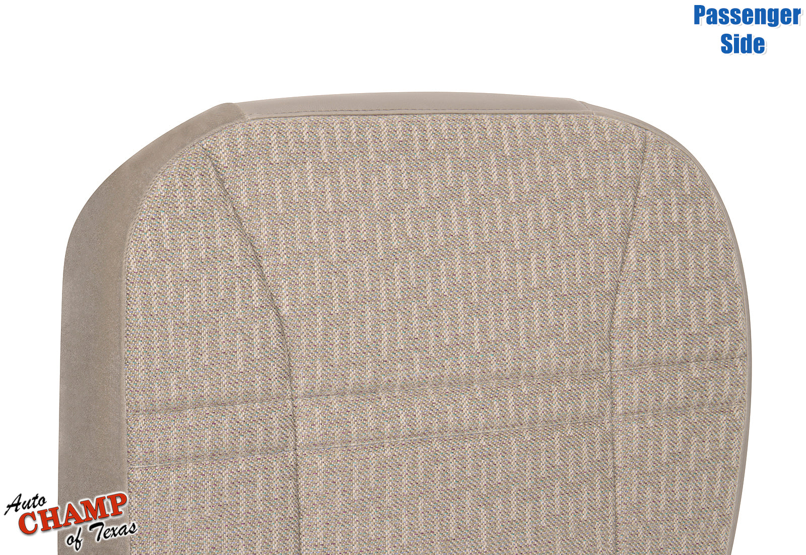 close-up top view of passenger side bottom replacement cloth seat cover tan camel for 1999-2001 jeep cherokee sport se