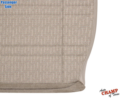 close-up view of passenger side bottom replacement cloth seat cover tan camel for 1999-2001 jeep cherokee sport se