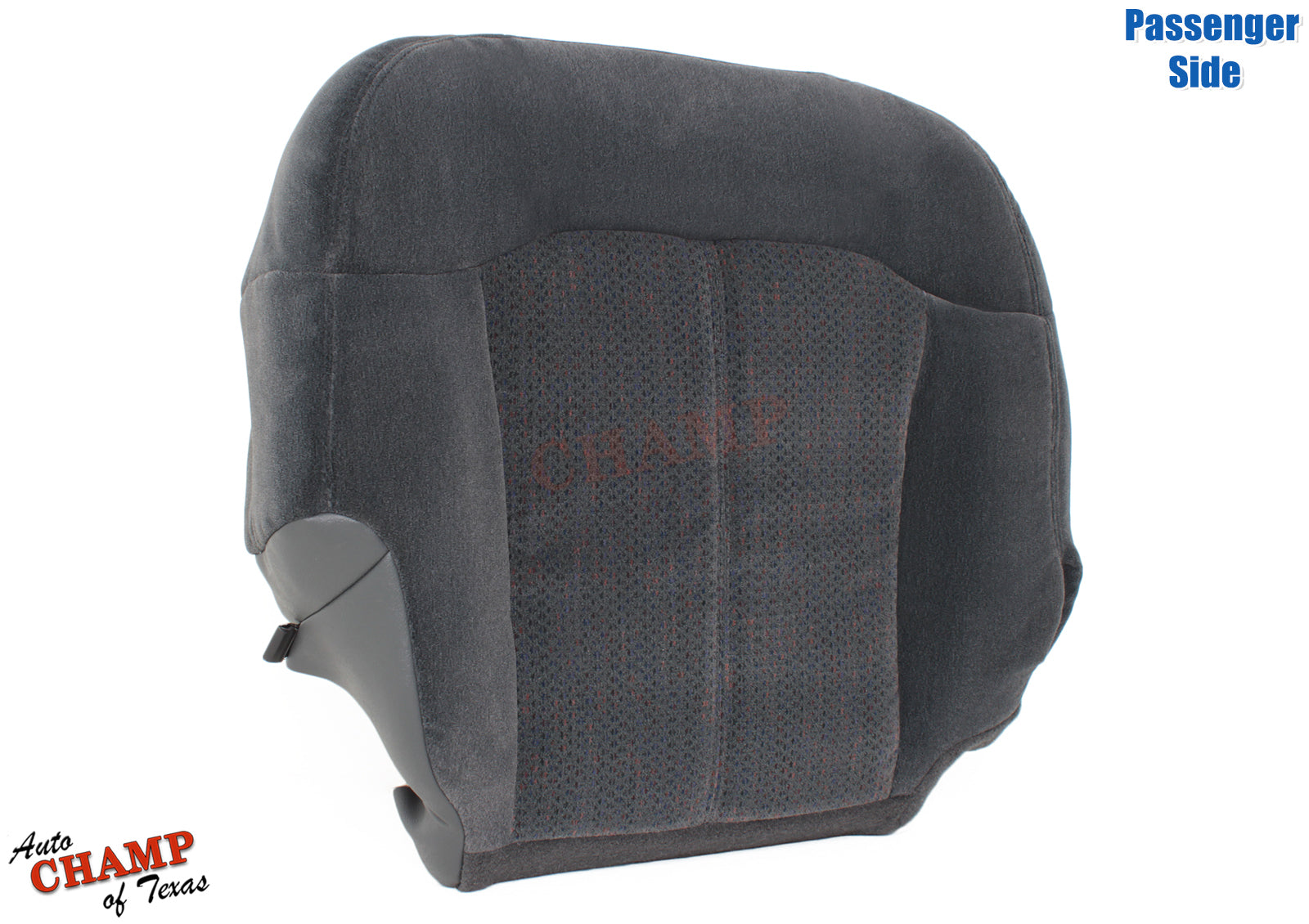 Dark gray passenger side seat cover with textured center panel and side bolsters.
