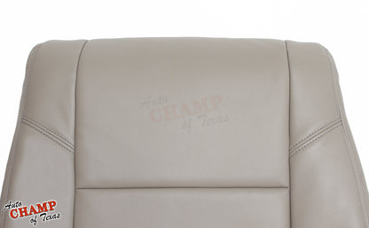 Close-up of the 2005-2006 Toyota Tundra Limited SR5 Driver Side Lean Back Replacement Leather Seat Cover in Tan, showcasing the smooth leather texture and detailed stitching along the side panel of the seat.