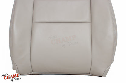 Close-up view of the 2005-2006 Toyota Tundra Limited SR5 Driver Side Lean Back Replacement Leather Seat Cover in Tan, showcasing the top stitching and premium craftsmanship.
