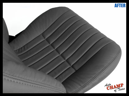 Gray perforated leather seat cover replacement installed for driver side bottom of 1997–1999 model.