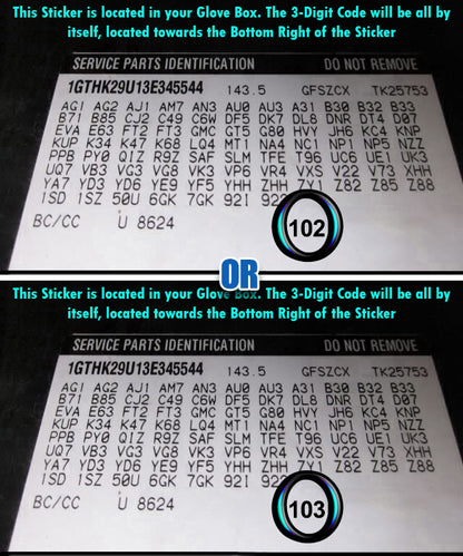 gm glove box sticker with trm code 102 and 103