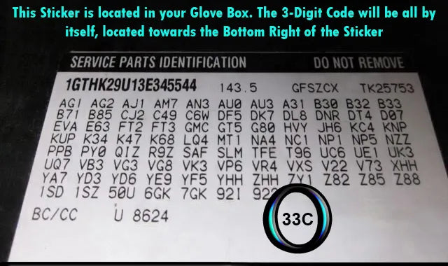 gmc sierra interior trim code 33c glove box sticker