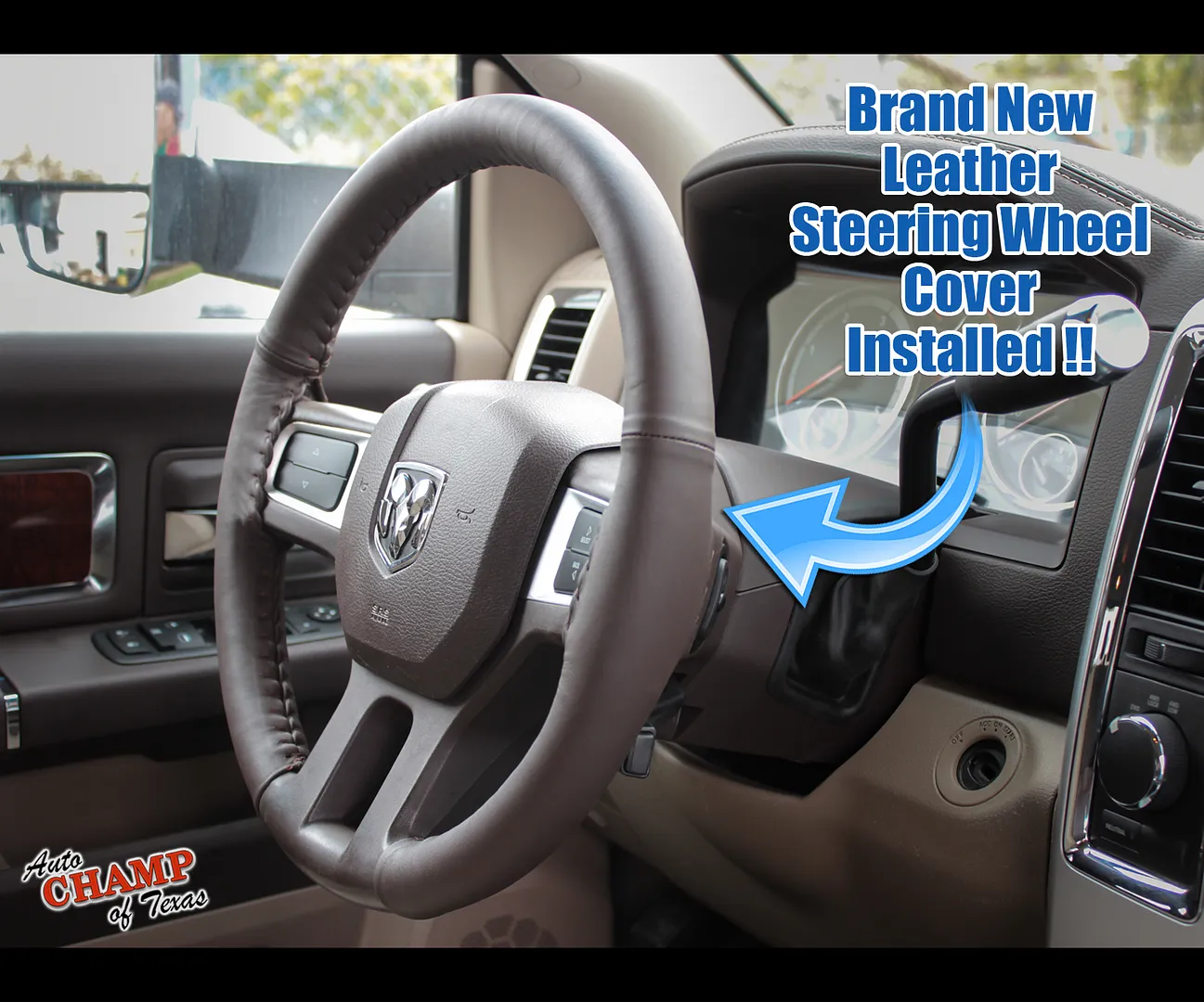 2009–2019 Dodge Ram 1500 Leather Steering Wheel Cover Driver Dark Brown