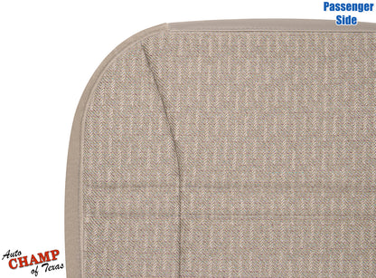 close-up view of passenger side bottom replacement cloth seat cover tan camel for 1999-2001 jeep cherokee sport se