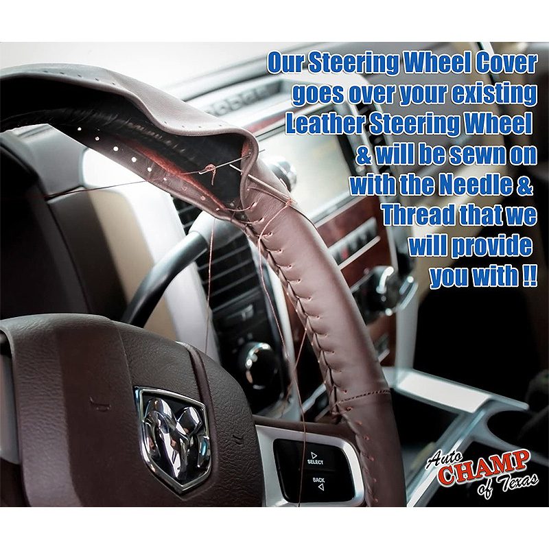 2013-2018 Dodge Ram 1500 2500 3500 -Leather Wrap Steering Wheel Cover, Dk Brown-6